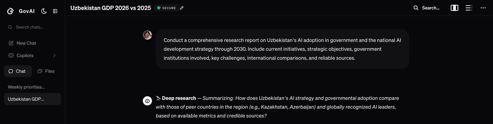 GovAI product screenshot: a secure chat interface running deep research on Uzbekistan's AI adoption strategy, marked 'Locally processed · End-to-end private'